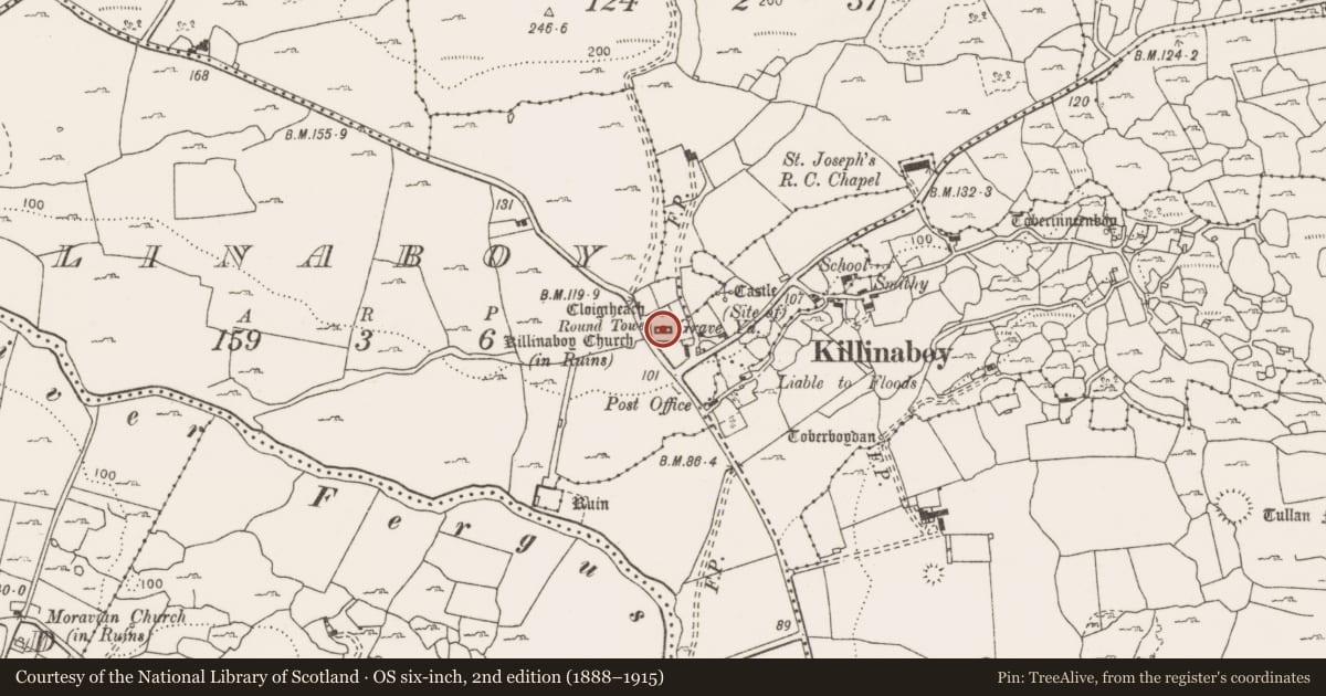 Ordnance Survey six-inch map, 2nd edition (1888–1915) covering the location of Church, Killinaboy, County Clare, with a pin at the register's coordinates