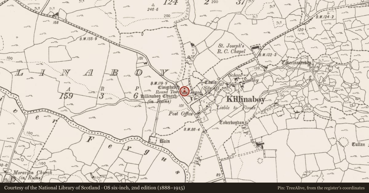 Ordnance Survey six-inch map, 2nd edition (1888–1915) covering the location of Graveyard, Killinaboy, County Clare, with a pin at the register's coordinates