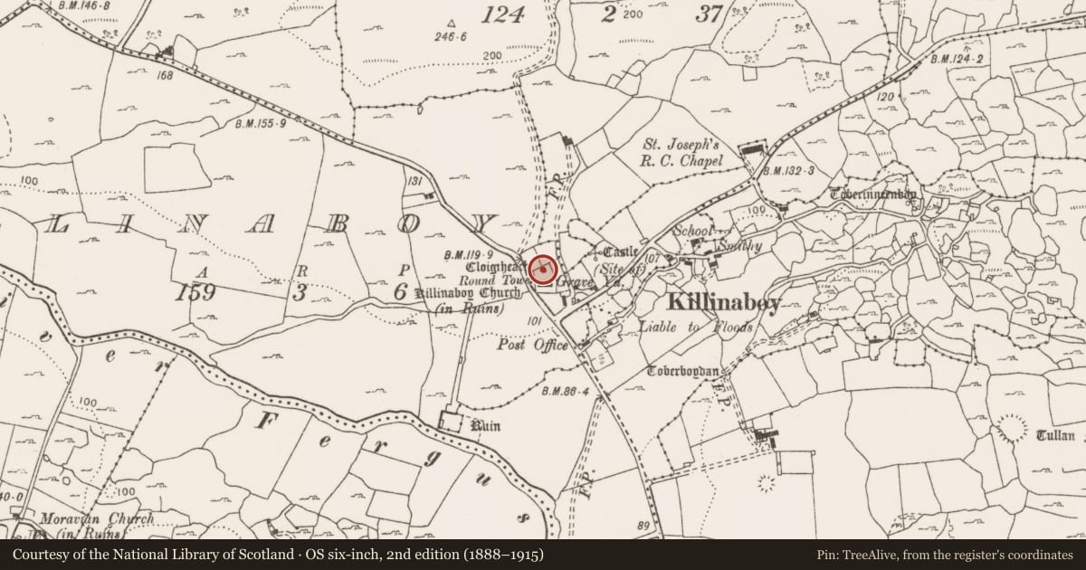 Ordnance Survey six-inch map, 2nd edition (1888–1915) covering the location of Round tower, Killinaboy, County Clare, with a pin at the register's coordinates