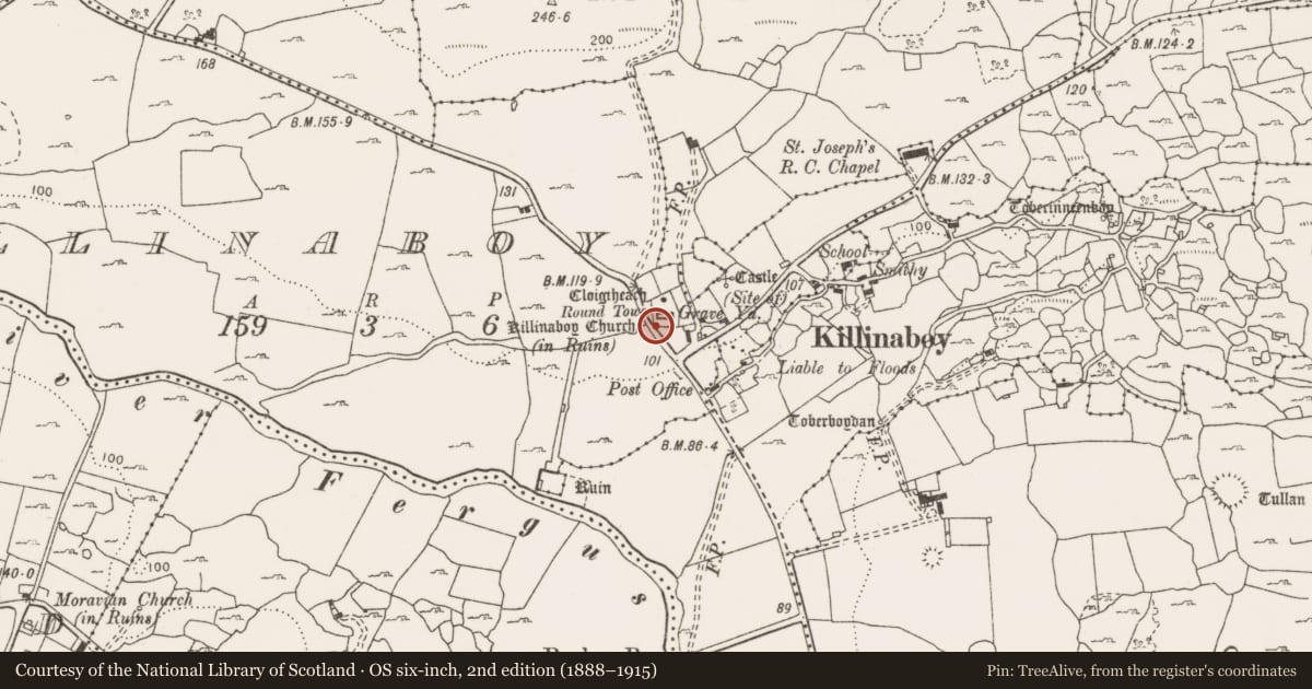 Ordnance Survey six-inch map, 2nd edition (1888–1915) covering the location of Graveslab, Killinaboy, County Clare, with a pin at the register's coordinates