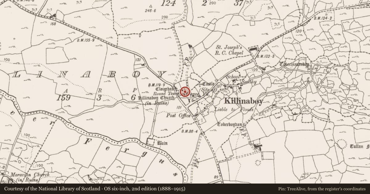 Ordnance Survey six-inch map, 2nd edition (1888–1915) covering the location of Architectural fragment, Killinaboy, County Clare, with a pin at the register's coordinates