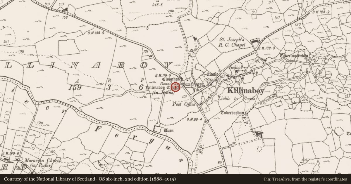 Ordnance Survey six-inch map, 2nd edition (1888–1915) covering the location of Mound, Killinaboy, County Clare, with a pin at the register's coordinates