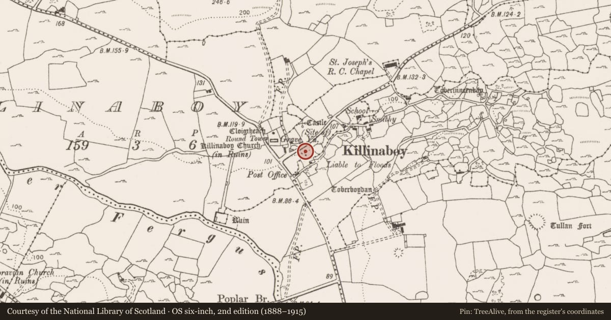 Ordnance Survey six-inch map, 2nd edition (1888–1915) covering the location of Excavation - miscellaneous, Killinaboy, County Clare, with a pin at the register's coordinates