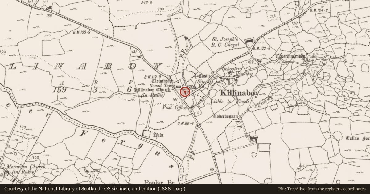 Ordnance Survey six-inch map, 2nd edition (1888–1915) covering the location of Excavation - miscellaneous, Killinaboy, County Clare, with a pin at the register's coordinates