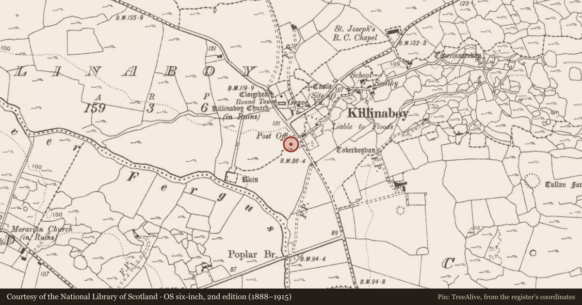 Ordnance Survey six-inch map, 2nd edition (1888–1915) covering the location of Bullaun stone, Killinaboy, County Clare, with a pin at the register's coordinates