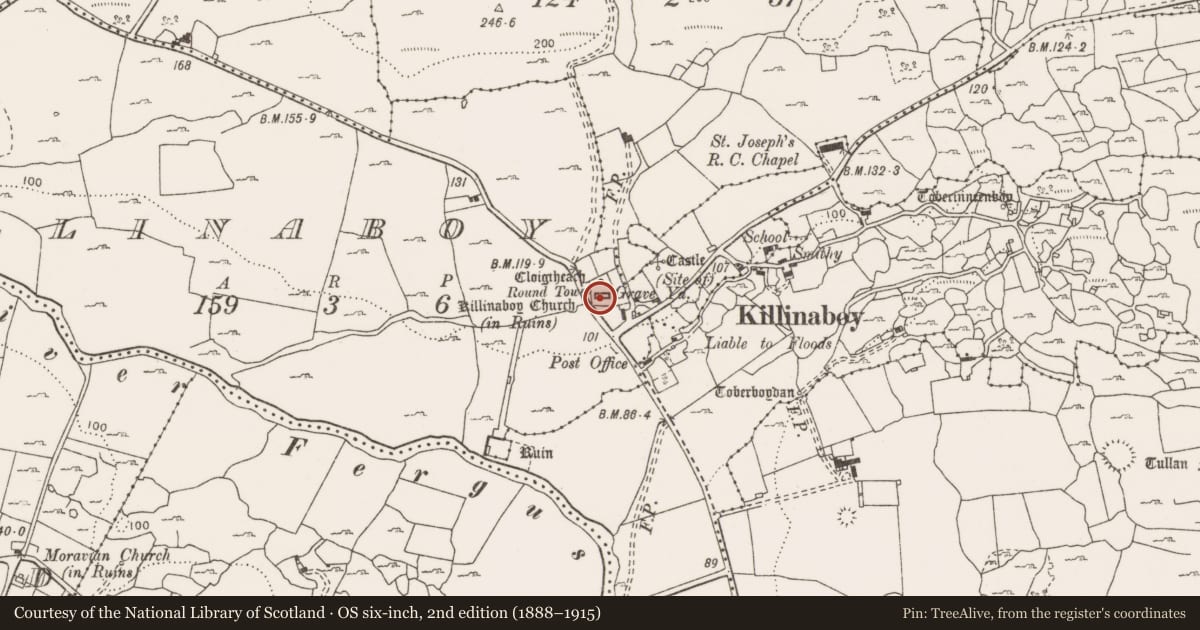 Ordnance Survey six-inch map, 2nd edition (1888–1915) covering the location of Sheela-na-gig, Killinaboy, County Clare, with a pin at the register's coordinates
