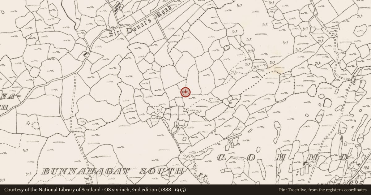Ordnance Survey six-inch map, 2nd edition (1888–1915) covering the location of Enclosure, Bunnanagat South, Monanaleen, County Clare, with a pin at the register's coordinates