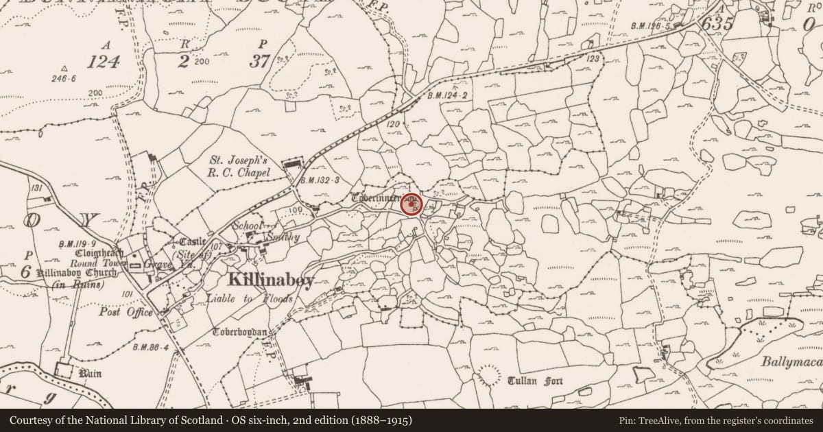 Ordnance Survey six-inch map, 2nd edition (1888–1915) covering the location of Ritual site - holy well, Commons South, County Clare, with a pin at the register's coordinates