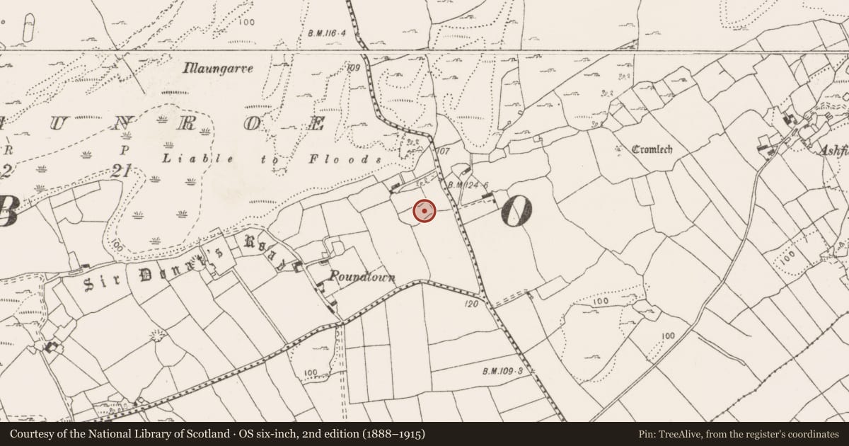Ordnance Survey six-inch map, 2nd edition (1888–1915) covering the location of Enclosure, Knockaunroe, County Clare, with a pin at the register's coordinates