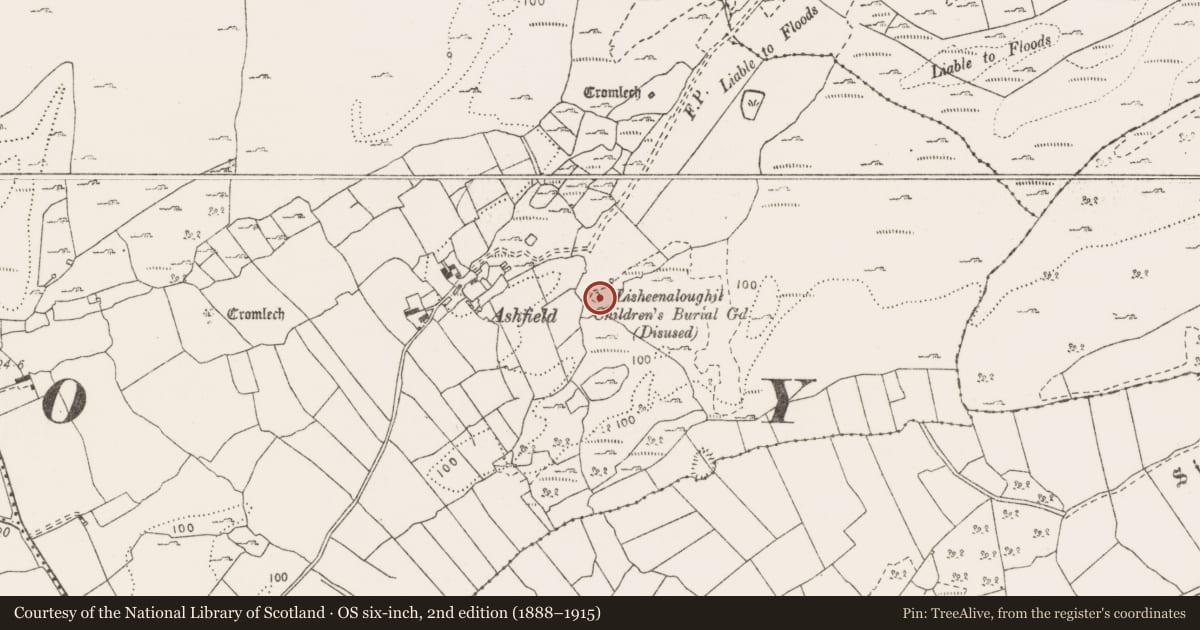 Ordnance Survey six-inch map, 2nd edition (1888–1915) covering the location of Children's burial ground, Gortlecka, County Clare, with a pin at the register's coordinates