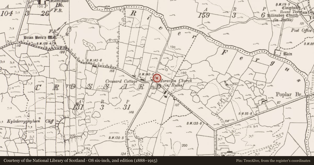 Ordnance Survey six-inch map, 2nd edition (1888–1915) covering the location of Church, Crossard, County Clare, with a pin at the register's coordinates