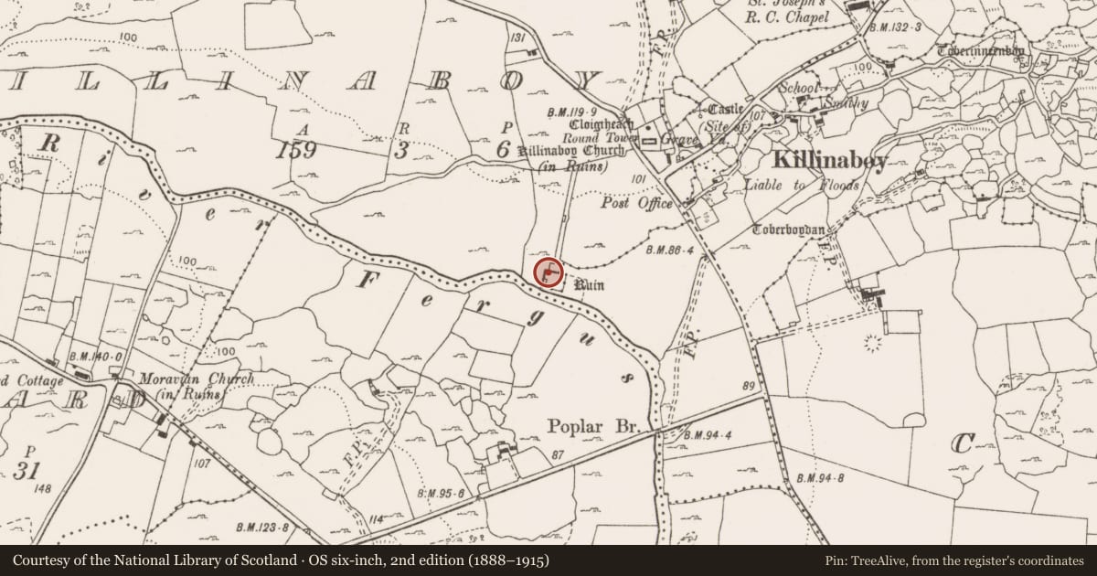 Ordnance Survey six-inch map, 2nd edition (1888–1915) covering the location of House - 16th/17th century, Killinaboy, County Clare, with a pin at the register's coordinates