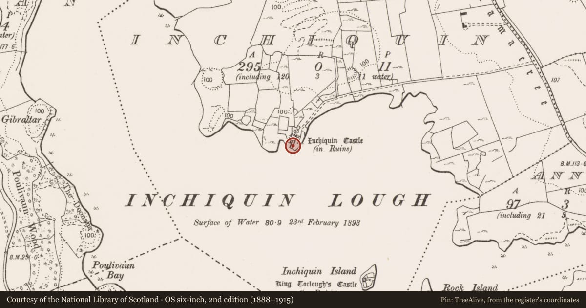 Ordnance Survey six-inch map, 2nd edition (1888–1915) covering the location of House - 16th/17th century, Inchiquin, County Clare, with a pin at the register's coordinates