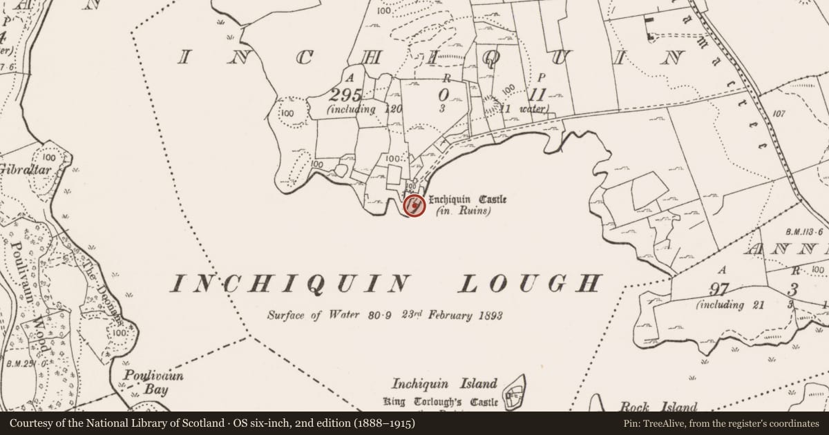 Ordnance Survey six-inch map, 2nd edition (1888–1915) covering the location of Bawn, Inchiquin, County Clare, with a pin at the register's coordinates