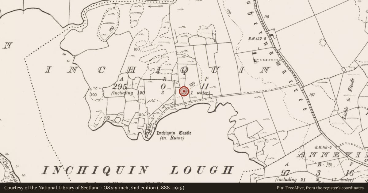 Ordnance Survey six-inch map, 2nd edition (1888–1915) covering the location of Enclosure, Inchiquin, County Clare, with a pin at the register's coordinates