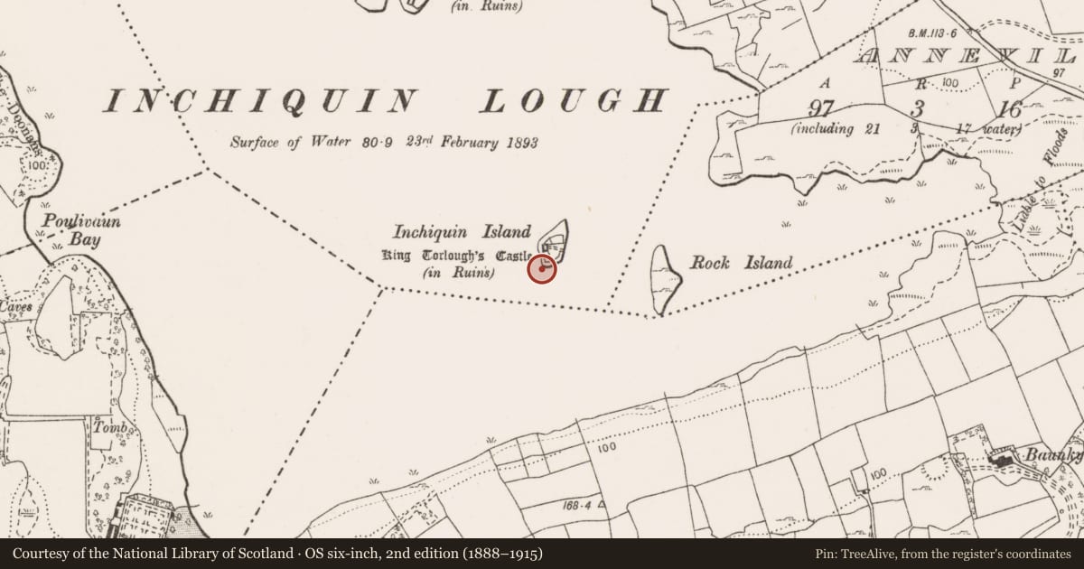 Ordnance Survey six-inch map, 2nd edition (1888–1915) covering the location of Crannog, Inchiquin, County Clare, with a pin at the register's coordinates