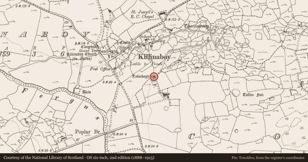 Ordnance Survey six-inch map, 2nd edition (1888–1915) covering the location of Ritual site - holy well, Commons South, County Clare, with a pin at the register's coordinates