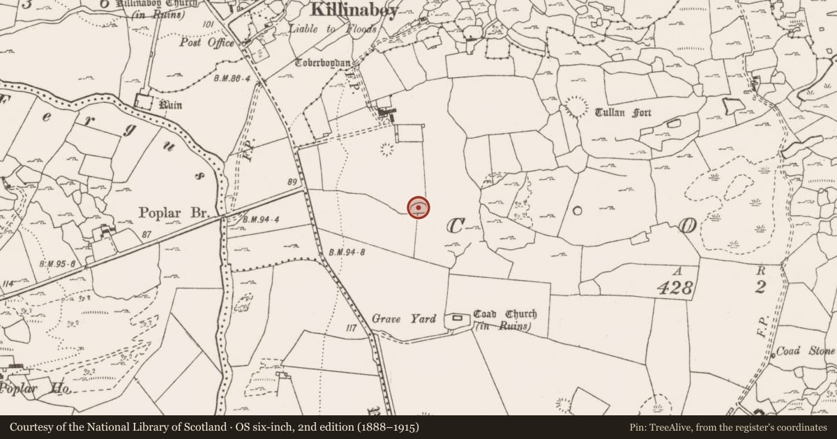 Ordnance Survey six-inch map, 2nd edition (1888–1915) covering the location of Enclosure, Coad, County Clare, with a pin at the register's coordinates
