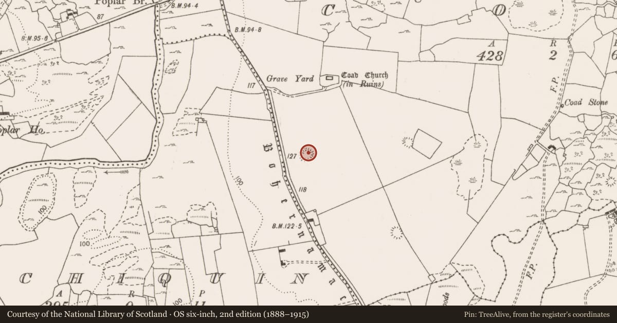 Ordnance Survey six-inch map, 2nd edition (1888–1915) covering the location of Ringfort - rath, Coad, County Clare, with a pin at the register's coordinates