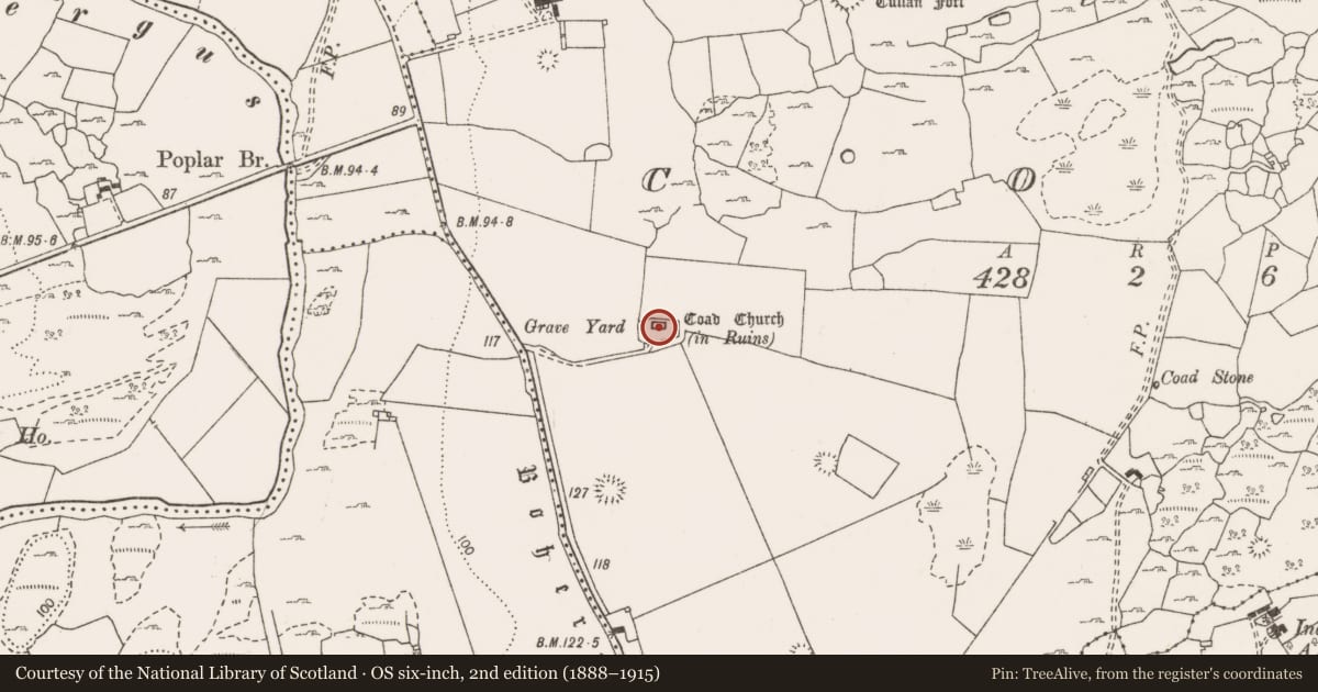 Ordnance Survey six-inch map, 2nd edition (1888–1915) covering the location of Church, Coad, County Clare, with a pin at the register's coordinates