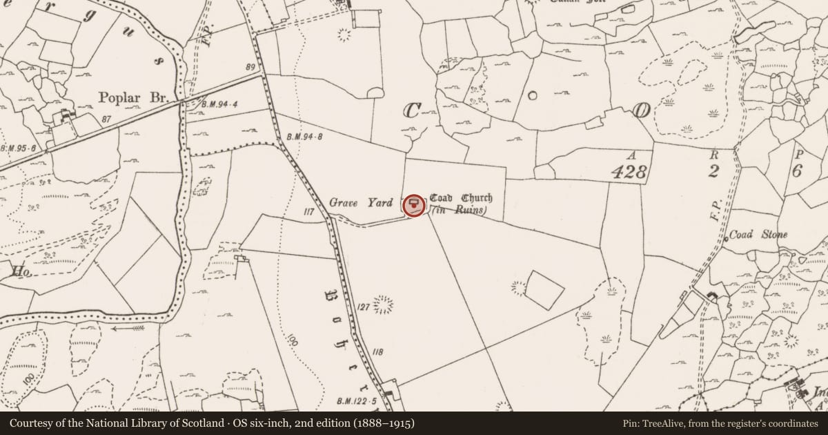 Ordnance Survey six-inch map, 2nd edition (1888–1915) covering the location of Architectural fragment, Coad, County Clare, with a pin at the register's coordinates