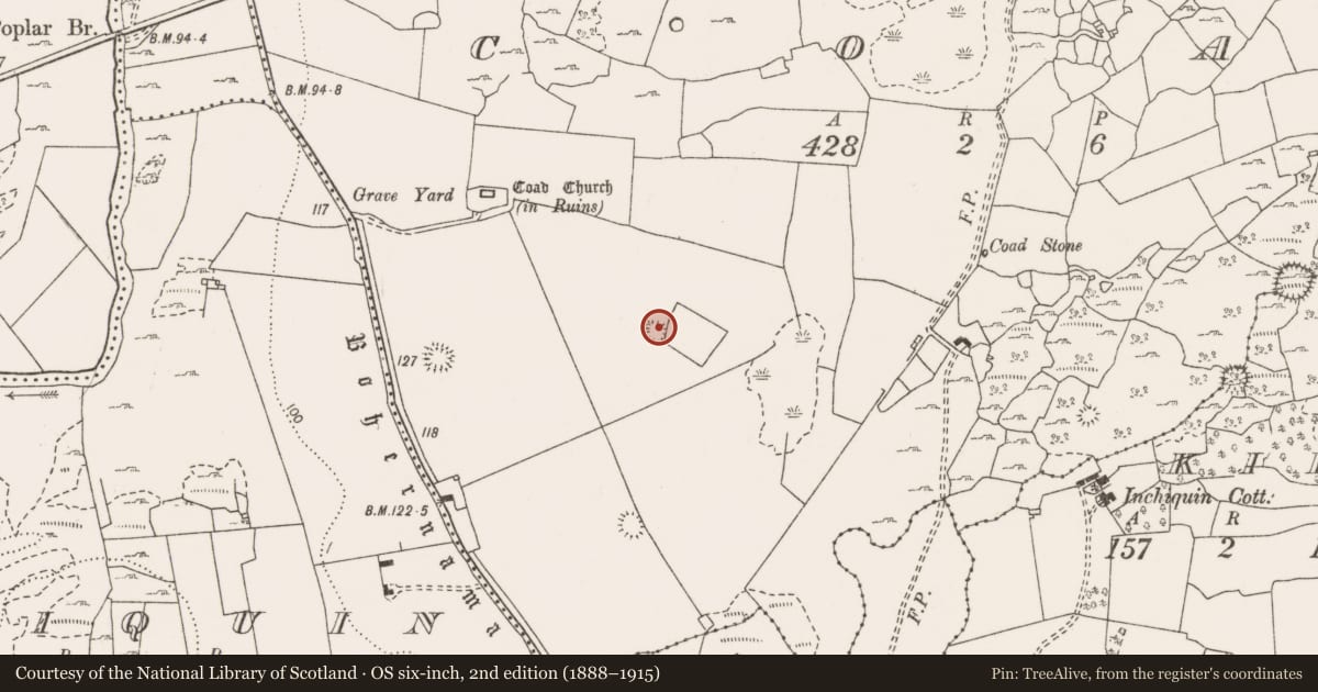Ordnance Survey six-inch map, 2nd edition (1888–1915) covering the location of Enclosure, Coad, County Clare, with a pin at the register's coordinates