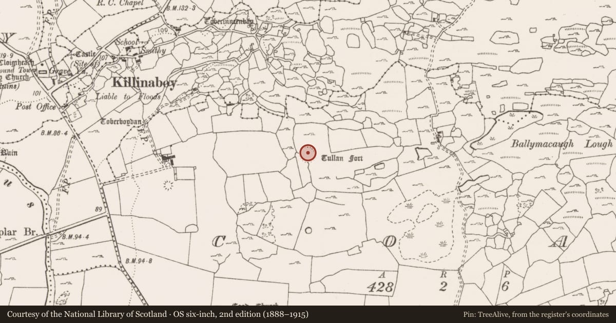 Ordnance Survey six-inch map, 2nd edition (1888–1915) covering the location of Ringfort - cashel, Coad, County Clare, with a pin at the register's coordinates