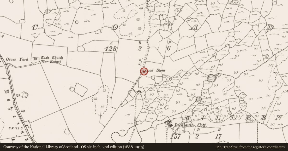 Ordnance Survey six-inch map, 2nd edition (1888–1915) covering the location of Standing stone, Coad, County Clare, with a pin at the register's coordinates