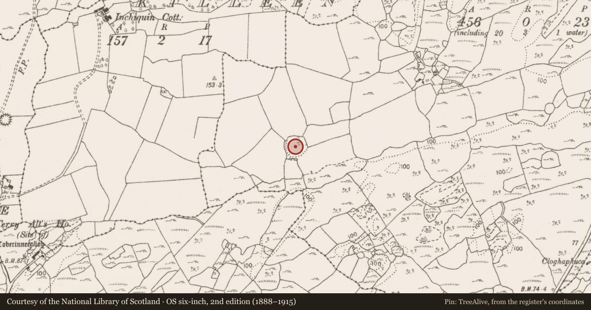 Ordnance Survey six-inch map, 2nd edition (1888–1915) covering the location of Enclosure, Ballyportry North, County Clare, with a pin at the register's coordinates