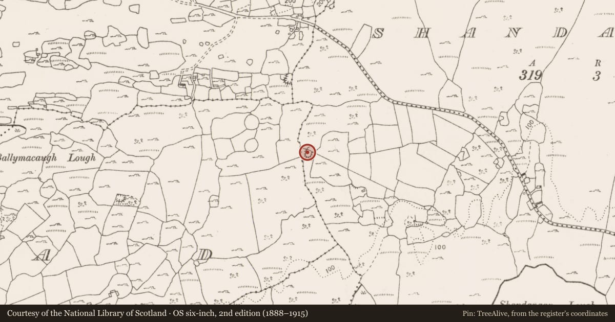 Ordnance Survey six-inch map, 2nd edition (1888–1915) covering the location of Enclosure, Ballyportry North, County Clare, with a pin at the register's coordinates