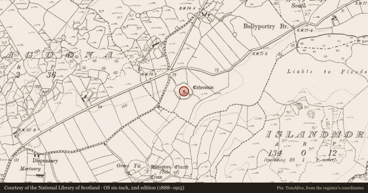 Ordnance Survey six-inch map, 2nd edition (1888–1915) covering the location of Enclosure, Ballyportry South, County Clare, with a pin at the register's coordinates