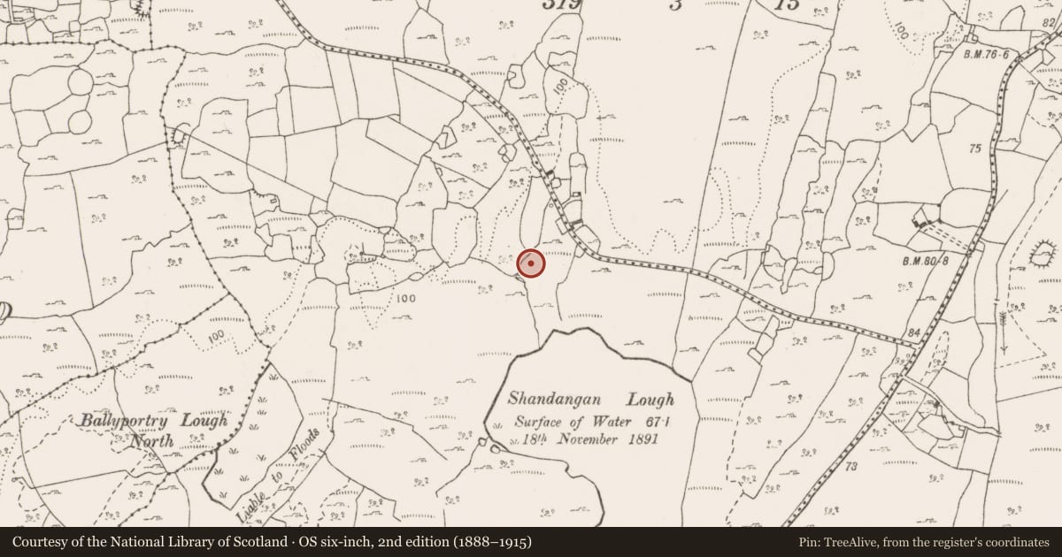 Ordnance Survey six-inch map, 2nd edition (1888–1915) covering the location of Fulacht fia, Ballyportry North, County Clare, with a pin at the register's coordinates
