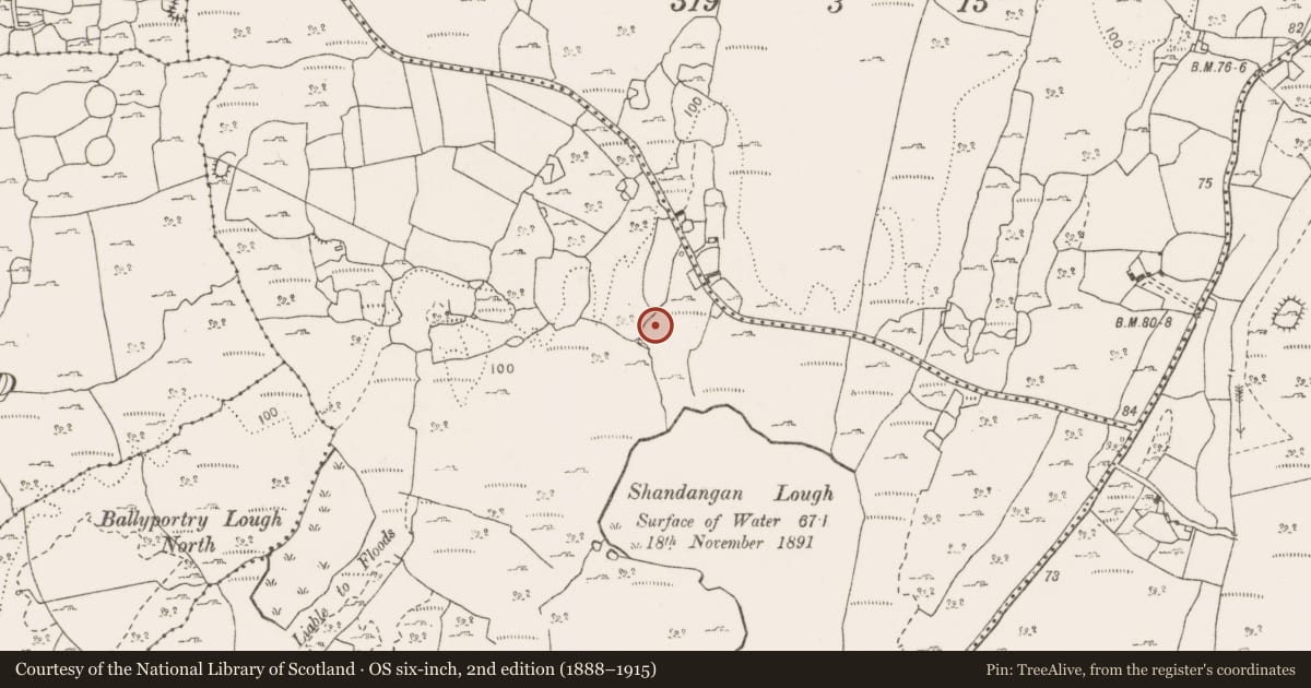 Ordnance Survey six-inch map, 2nd edition (1888–1915) covering the location of Fulacht fia, Ballyportry North, County Clare, with a pin at the register's coordinates