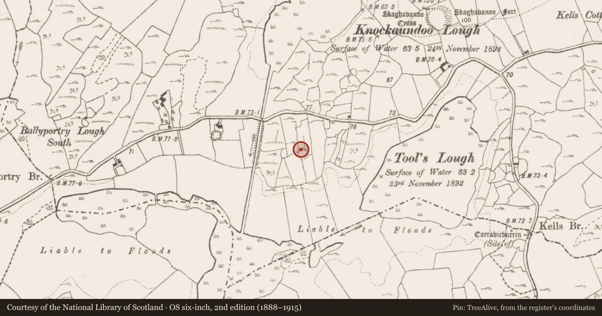 Ordnance Survey six-inch map, 2nd edition (1888–1915) covering the location of Enclosure, Kells, County Clare, with a pin at the register's coordinates