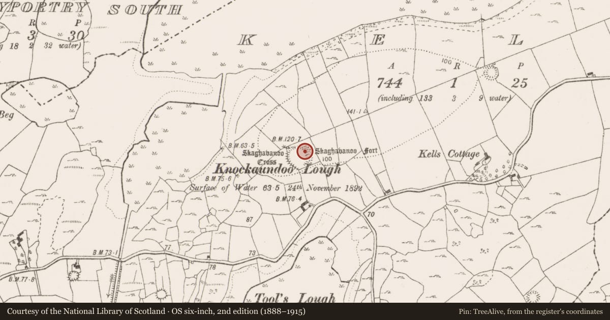 Ordnance Survey six-inch map, 2nd edition (1888–1915) covering the location of Souterrain, Kells, County Clare, with a pin at the register's coordinates