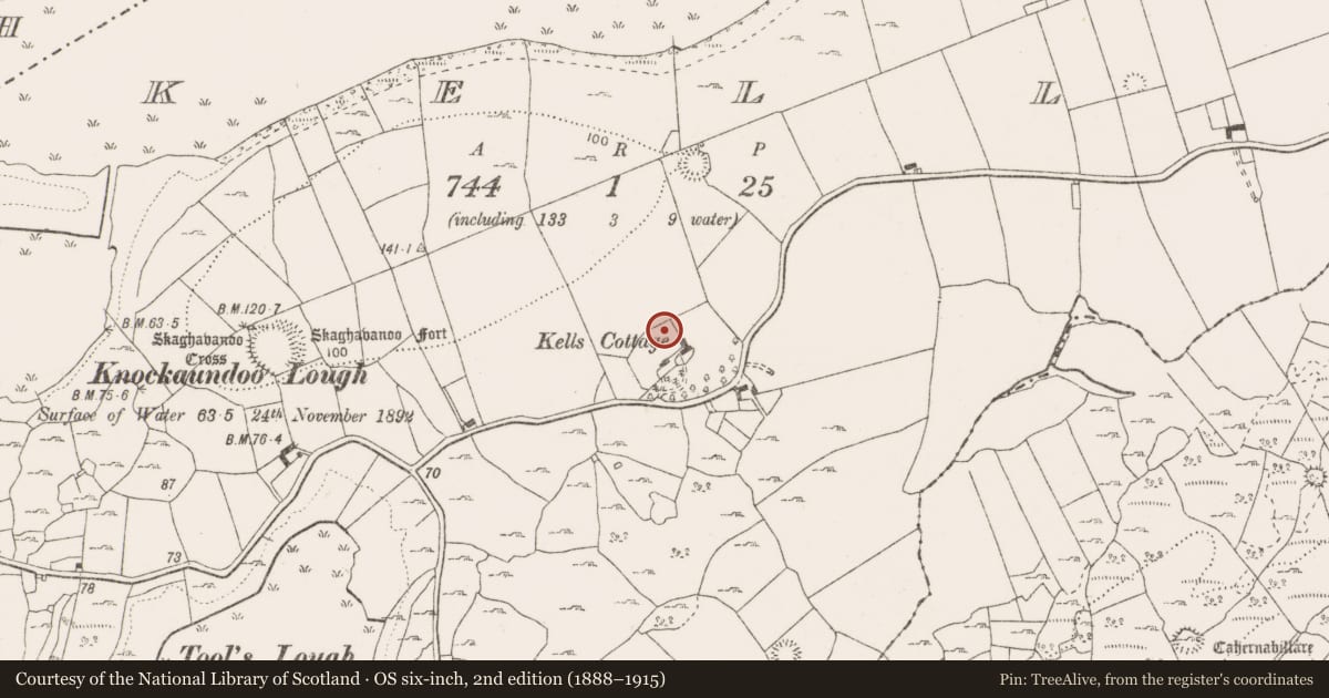 Ordnance Survey six-inch map, 2nd edition (1888–1915) covering the location of Church, Kells, County Clare, with a pin at the register's coordinates