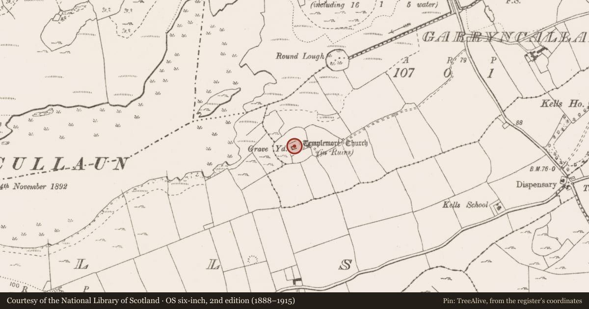 Ordnance Survey six-inch map, 2nd edition (1888–1915) covering the location of Church, Garryncallaha, County Clare, with a pin at the register's coordinates
