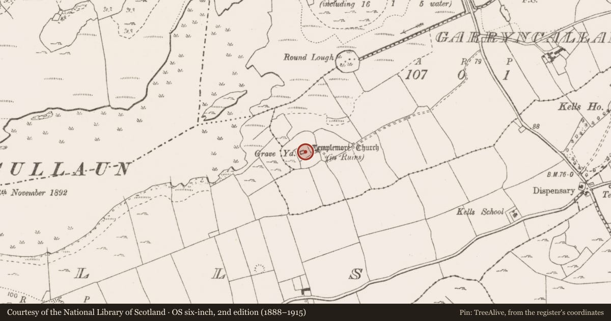 Ordnance Survey six-inch map, 2nd edition (1888–1915) covering the location of Graveyard, Garryncallaha, County Clare, with a pin at the register's coordinates