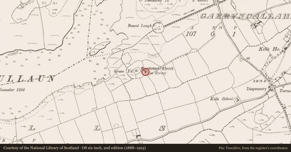 Ordnance Survey six-inch map, 2nd edition (1888–1915) covering the location of Souterrain, Garryncallaha, County Clare, with a pin at the register's coordinates
