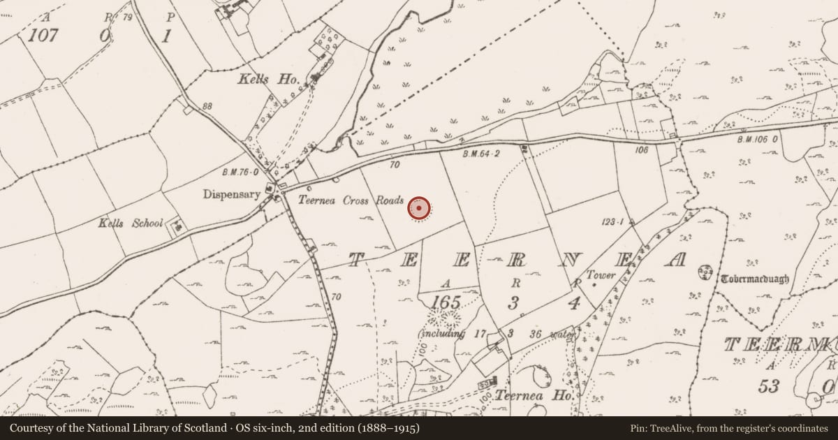 Ordnance Survey six-inch map, 2nd edition (1888–1915) covering the location of Ringfort - cashel, Teernea, County Clare, with a pin at the register's coordinates