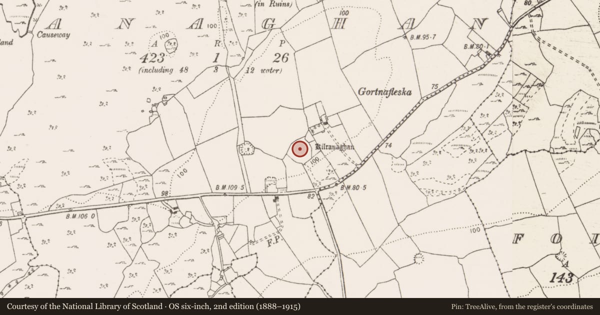 Ordnance Survey six-inch map, 2nd edition (1888–1915) covering the location of Burial ground, Ranaghan, County Clare, with a pin at the register's coordinates