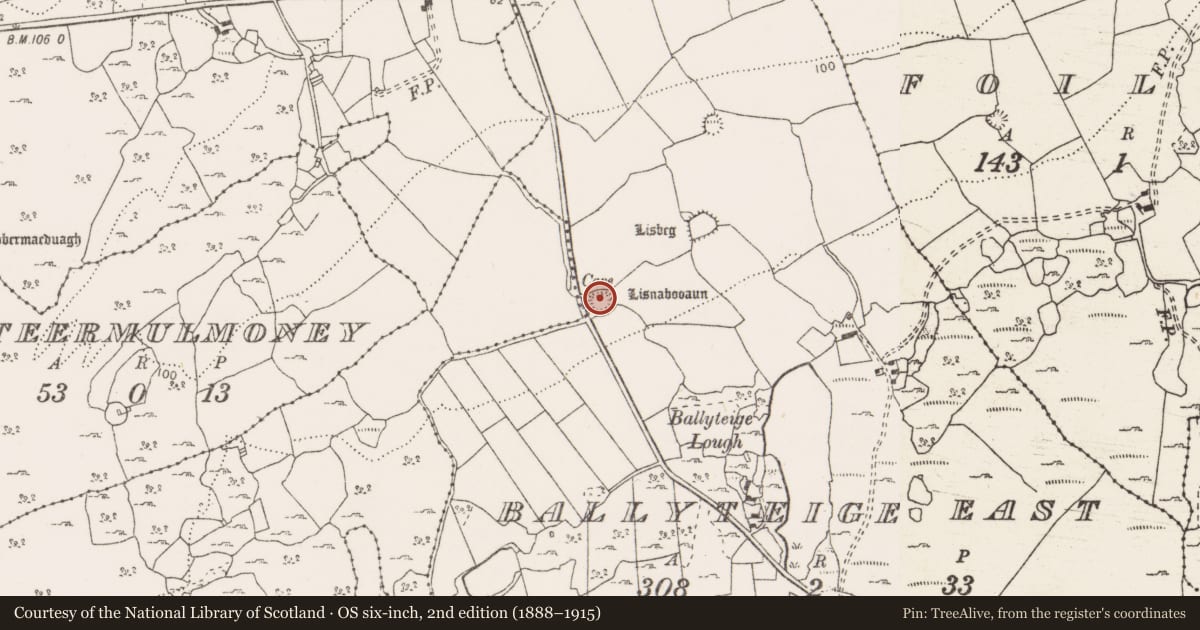Ordnance Survey six-inch map, 2nd edition (1888–1915) covering the location of Ringfort - rath, Ballyteige East, County Clare, with a pin at the register's coordinates