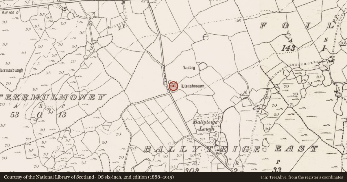 Ordnance Survey six-inch map, 2nd edition (1888–1915) covering the location of Souterrain, Ballyteige East, County Clare, with a pin at the register's coordinates