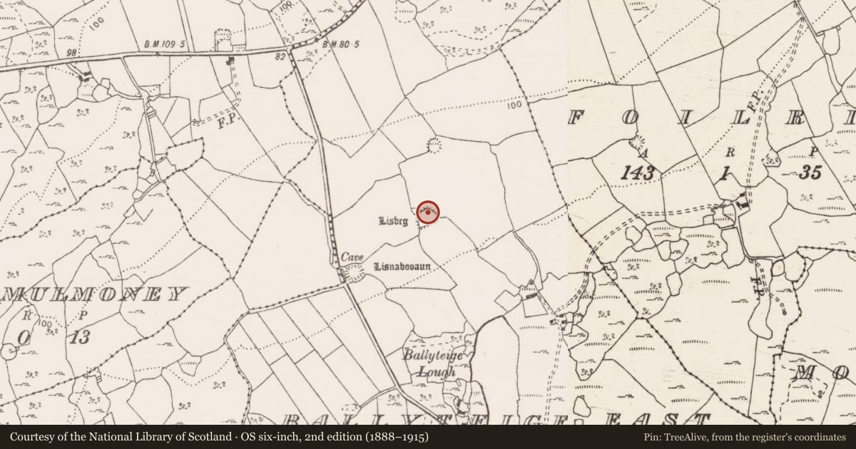 Ordnance Survey six-inch map, 2nd edition (1888–1915) covering the location of Ringfort - rath, Ballyteige East, County Clare, with a pin at the register's coordinates