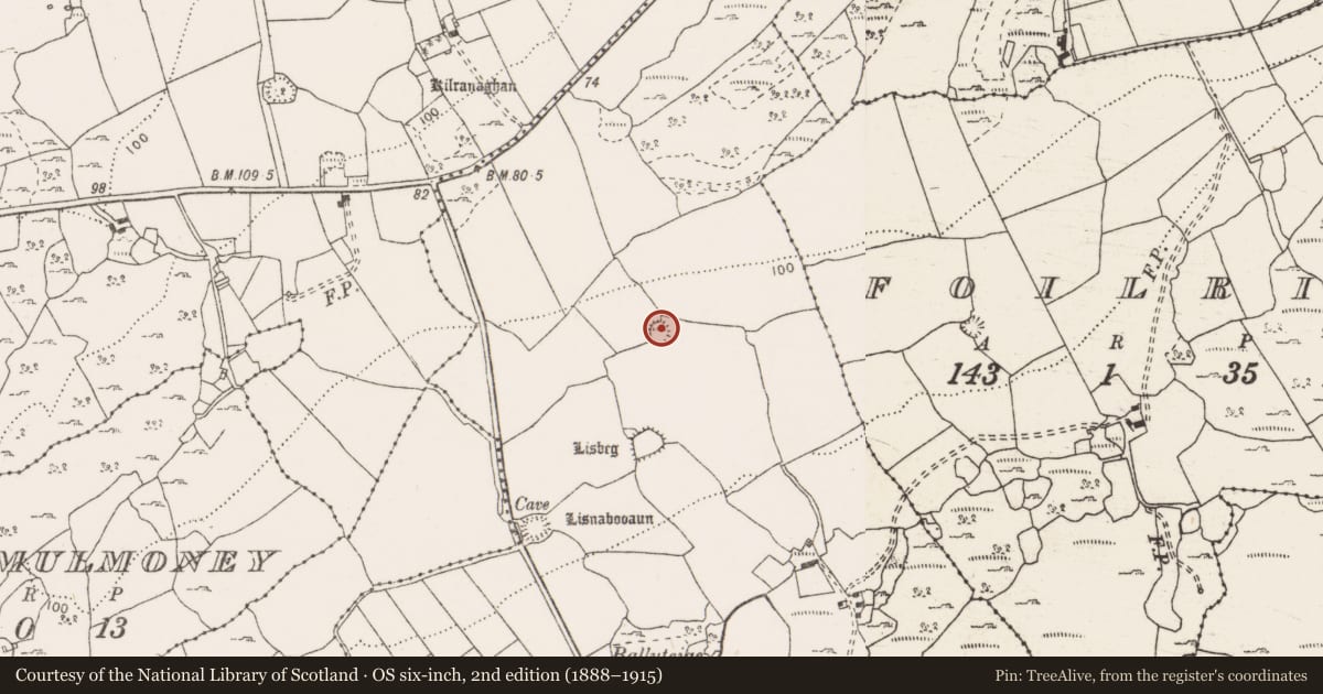 Ordnance Survey six-inch map, 2nd edition (1888–1915) covering the location of Enclosure, Ballyteige East, County Clare, with a pin at the register's coordinates