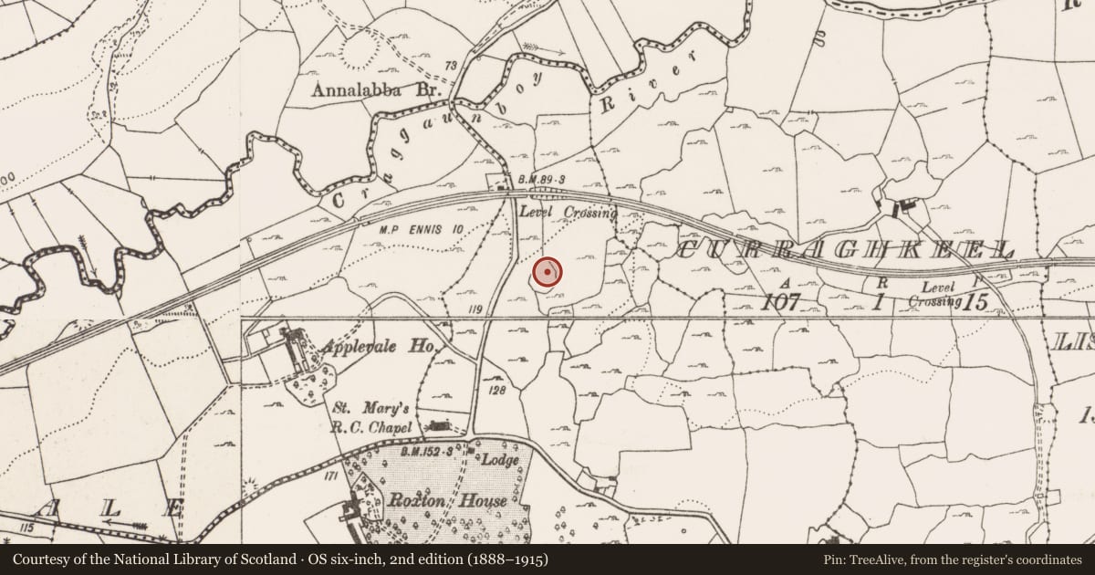 Ordnance Survey six-inch map, 2nd edition (1888–1915) covering the location of Ringfort - cashel, Roxton, County Clare, with a pin at the register's coordinates
