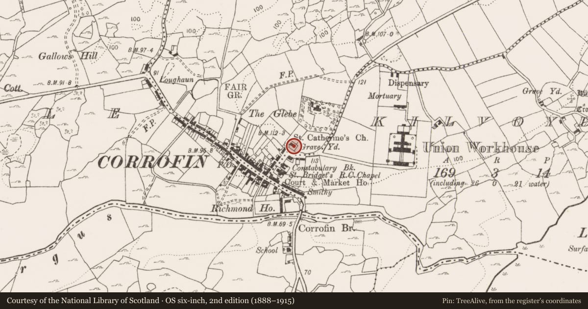 Ordnance Survey six-inch map, 2nd edition (1888–1915) covering the location of Church, Laghtagoona, County Clare, with a pin at the register's coordinates