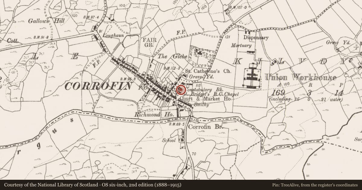 Ordnance Survey six-inch map, 2nd edition (1888–1915) covering the location of Stone sculpture (present location), Laghtagoona, County Clare, with a pin at the register's coordinates