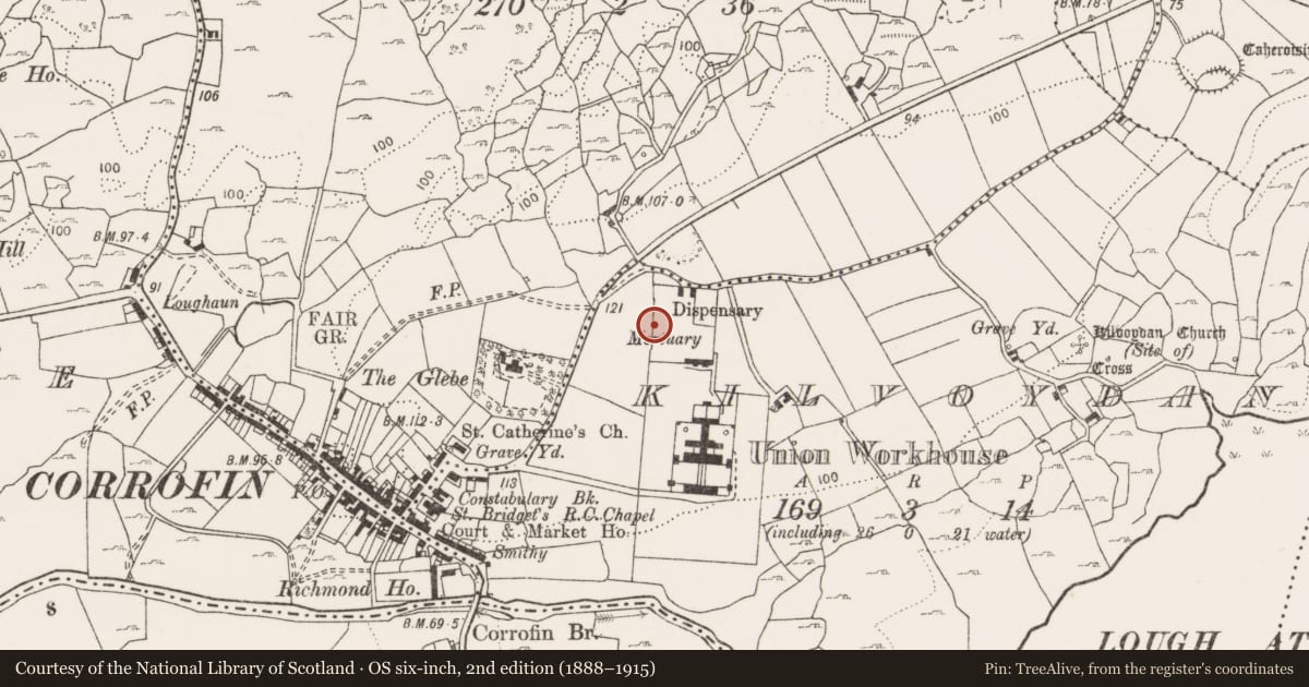 Ordnance Survey six-inch map, 2nd edition (1888–1915) covering the location of Enclosure, Kilvoydan, County Clare, with a pin at the register's coordinates