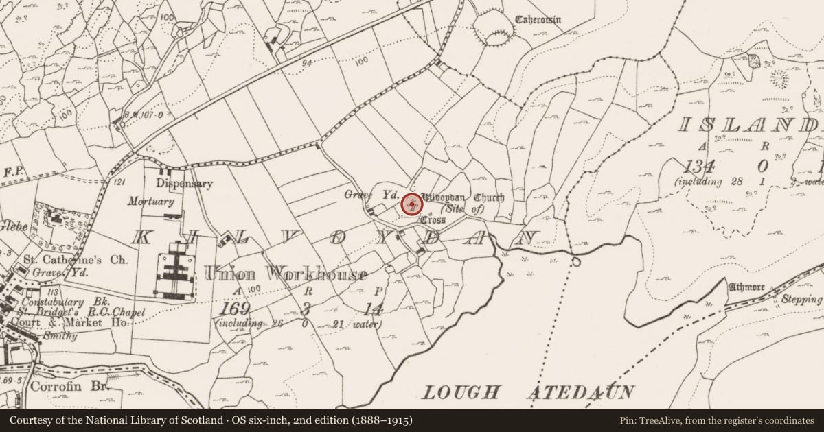 Ordnance Survey six-inch map, 2nd edition (1888–1915) covering the location of Church, Kilvoydan, County Clare, with a pin at the register's coordinates